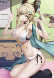 Rule 34 | 1girl, :p, absurdres, animal ear fluff, animal ears, bare shoulders, bikini, black choker, blonde hair, breasts, cat ears, cat tail, choker, commentary request, genshin impact, green eyes, hair ornament, hairclip, highres, kirara (genshin impact), large breasts, legsta, long hair, looking at viewer, multiple tails, navel, ok sign, smile, solo, stomach, swimsuit, tail, tongue, tongue out, two tails, very long hair, white bikini