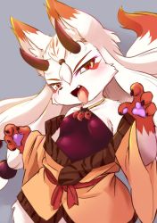 Rule 34 | 1girl, fox, furry, furry female, japanese clothes, long hair, open mouth, red eyes, solo, tongue, ukan muri, white hair