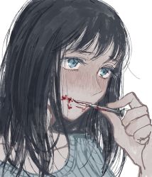 Rule 34 | 1girl, am4 pm4, bad id, bad twitter id, black hair, blood, blood on face, blue eyes, blush, chainsaw man, eyebrows, highres, holding, holding nail, long hair, looking to the side, mole, mole under eye, mole under mouth, nail, open mouth, parted lips, santa claus (chainsaw man), simple background, solo, tongue, tongue out, upper body, white background