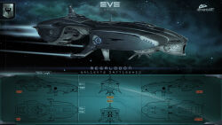 Rule 34 | aqua theme, atilgan asikuzun, battleship (eve online), character sheet, commentary, concept art, copyright name, emblem, eve online, flying, from side, gallente federation (eve online), glowing, highres, logo, maya (medium), military vehicle, multiple views, no humans, original, outdoors, photoshop (medium), realistic, science fiction, sky, space, spacecraft, star (sky), starry sky, thrusters, vehicle focus