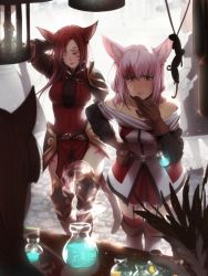 Rule 34 | 5girls, animal ears, armor, bare shoulders, belt, blurry, blurry background, blurry foreground, brown hair, cat ears, cat tail, choker, closed mouth, collarbone, commission, facial mark, final fantasy, final fantasy xiv, garter straps, gloves, heterochromia, highres, long hair, maid, market, miqo&#039;te, multicolored hair, multiple girls, off shoulder, one eye closed, outdoors, pauldrons, pink hair, potion, red hair, scar, scar across eye, scar on face, short hair, shoulder armor, standing, tail, tattoo, thighhighs, two-tone hair, warrior of light (ff14), weyowang