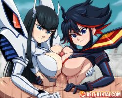 Rule 34 | 1boy, 2girls, areola slip, between breasts, black gloves, black hair, blue eyes, blunt bangs, blurry, blurry background, breasts, closed mouth, cooperative paizuri, day, ffm threesome, gloves, group sex, hair ornament, hetero, hime cut, junketsu, kill la kill, kiryuuin satsuki, large breasts, long hair, long sleeves, looking at viewer, matoi ryuuko, motion lines, multicolored hair, multiple girls, outdoors, paizuri, penis, pov, red hair, reit, senketsu, shimaidon, shimaidon (sex), siblings, sisters, smile, thick eyebrows, threesome, two-tone hair, uncensored, upper body, white gloves