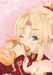 Rule 34 | 1girl, bare shoulders, blonde hair, blush, braid, breasts, burger, cleavage, commentary, darahan, eating, fate/apocrypha, fate/grand order, fate (series), food, green eyes, hair ornament, hair scrunchie, holding, long hair, looking at viewer, mordred (fate), mordred (fate/apocrypha), one eye closed, ponytail, red scrunchie, scrunchie, small breasts, solo