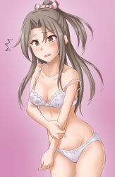Rule 34 | 1girl, anti (untea9), bow, bow panties, bra, breasts, brown eyes, collarbone, cowboy shot, gradient background, grey hair, high ponytail, highres, kantai collection, long hair, looking at viewer, navel, open mouth, panties, pink background, small breasts, solo, standing, sweatdrop, underwear, underwear only, white bra, white panties, zuihou (kancolle)