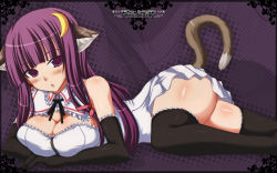 Rule 34 | 1girl, animal ears, blush, breast press, breasts, cat ears, cat girl, cleavage, crescent, crescent hair ornament, elbow gloves, female focus, gloves, hair ornament, highres, huge breasts, jema, long hair, non-web source, open mouth, patchouli knowledge, purple eyes, purple hair, solo, thighhighs, thighs, touhou, wallpaper