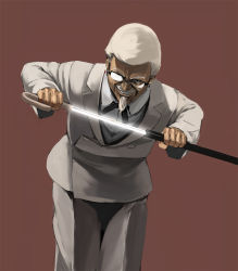 Rule 34 | 1boy, cane, colonel sanders, concealed weapon, facial hair, formal, glasses, grin, kfc, kuroko (piii), male focus, mustache, old, old man, piii, sheath, smile, solo, string tie, suit, sword, sword cane, unsheathing, weapon, white hair, you gonna get raped