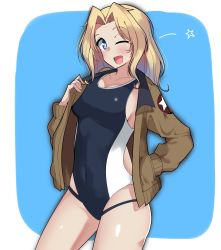 Rule 34 | 1girl, ;d, absurdres, black one-piece swimsuit, blonde hair, blue background, blue eyes, breasts, brown jacket, clothing cutout, commentary, competition swimsuit, covered navel, cowboy shot, emblem, girls und panzer, hair intakes, hand in own hair, highres, jacket, kay (girls und panzer), kshimu, large breasts, long hair, long sleeves, looking at viewer, military, military uniform, multi-strapped swimsuit, one-piece swimsuit, one eye closed, open clothes, open jacket, open mouth, opened by self, rounded corners, saunders military uniform, side cutout, smile, solo, standing, star (symbol), swimsuit, uniform