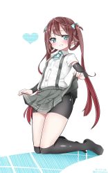 Rule 34 | 10s, 1girl, arm warmers, asagumo (kancolle), bad id, bad twitter id, bike shorts, blue eyes, blush, brown hair, clothes lift, grin, heart, heart background, highres, inactive account, kantai collection, kneehighs, kneeling, mitsudoue, simple background, skirt, skirt lift, smile, socks, solo, striped, striped background, twintails