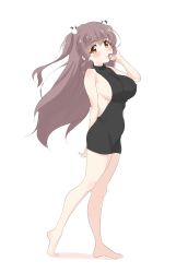 Rule 34 | 1girl, absurdres, bare arms, bare legs, barefoot, black dress, black sweater, blush, brown eyes, brown hair, closed mouth, copyright request, dress, from side, full body, highres, long hair, looking at viewer, looking to the side, naked sweater, simple background, sincos, solo, sweater, sweater dress, two side up, white background