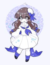 Rule 34 | 1girl, absurdres, artist name, blue bow, blue ribbon, blush, bow, braid, brown hair, bunnysharks (artist), chibi, commentary, dress, english commentary, funamusea, grey eyes, hat, highres, oounabara to wadanohara, ribbon, sailor collar, sailor dress, sailor hat, signature, solo, twin braids, wadanohara, white background, white dress, white sailor collar