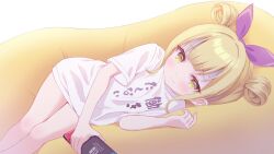 Rule 34 | 1girl, blonde hair, blush, chitosezaka suzu, closed mouth, clothes writing, commentary request, commission, double bun, feet out of frame, hair bun, hair ribbon, hand up, highres, holding, indie virtual youtuber, looking at viewer, lying, naopi (vtuber), nintendo switch, on side, purple ribbon, ribbon, shirt, short sleeves, sidelocks, skeb commission, solo, sweat, virtual youtuber, white background, white shirt, yellow eyes
