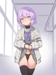 1girl a.i._voice black_panties black_thighhighs blush cardigan clothes_lift commentary_request hair_ornament hairclip hallway highleg highleg_panties highres lifting_own_clothes looking_at_viewer neckerchief open_cardigan open_clothes panties purple_eyes purple_hair purple_neckerchief school_uniform serafuku short_hair skirt skirt_lift smile solo sweatdrop thigh_gap thighhighs underwear voiceroid yamamomo_(plank) yuzuki_yukari yuzuki_yukari_(shizuku)