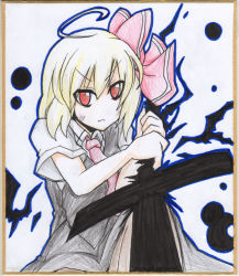 Rule 34 | 1girl, ahoge, blonde hair, bow, earlgrey, female focus, hair bow, necktie, red eyes, rumia, shikishi, short hair, short sleeves, solo, sword, touhou, traditional media, weapon