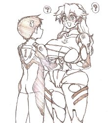 Rule 34 | 1boy, 1girl, ?, age difference, aged up, alternate breast size, blush, bodysuit, breasts, cameltoe, clenched hand, clenched hands, embarrassed, evangelion: 3.0+1.0 thrice upon a time, faceless, faceless male, hair between eyes, hair down, hetero, highres, huge breasts, ikari shinji, lips, long hair, looking at another, monochrome, neon genesis evangelion, open mouth, plugsuit, plump, rebuild of evangelion, shiny skin, short hair, simple background, size difference, skin tight, souryuu asuka langley, standing, sweat, torn clothes, very long hair, wide hips, wrato