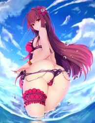 Rule 34 | 1girl, ahoge, ass, bikini, bikini pull, blush, bracelet, breasts, butt crack, cameltoe, clothes pull, cloud, cowboy shot, curvy, day, fate/grand order, fate (series), flower, frills, from behind, hair flower, hair ornament, hibiscus, huge ass, jewelry, bridal garter, long hair, looking at viewer, looking back, medium breasts, nail polish, narrow waist, parted lips, partially visible vulva, pink bikini, pink nails, pulled by self, purple hair, red eyes, scathach (fate), scathach (fate), scathach (fate/grand order), scathach (swimsuit assassin) (fate), sideboob, sky, solo, splashing, swimsuit, teasing, thong, very long hair, wading, walking, water, water drop, wet, wide hips, x2
