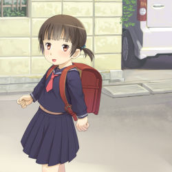 Rule 34 | 1girl, backpack, bag, brown eyes, brown hair, meow (nekodenki), navel, original, randoseru, school uniform, serafuku, solo