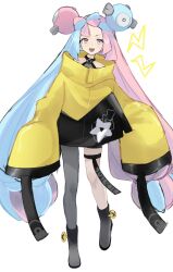 Rule 34 | 1girl, :d, absurdly long hair, aqua hair, boots, character hair ornament, commentary request, creatures (company), full body, game freak, grey footwear, grey pantyhose, hair ornament, highres, iono (pokemon), jacket, knees, lightning bolt symbol, long hair, low-tied long hair, multicolored hair, nintendo, open mouth, pantyhose, pink hair, pokemon, pokemon sv, single leg pantyhose, sleeves past fingers, sleeves past wrists, smile, solo, thigh strap, twintails, two-tone hair, ukocome, very long hair, white background, yellow jacket