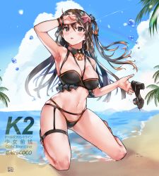 Rule 34 | 1girl, alracoco, armpits, artist name, bare shoulders, beach, bikini, black bikini, black footwear, blue sky, blush, breasts, brown eyes, brown hair, character name, cleavage, cloud, collarbone, day, detached collar, girls&#039; frontline, groin, hair ornament, hairclip, highleg, highleg bikini, holding, holding shoes, k2 (girls&#039; frontline), kneeling, long hair, medium breasts, navel, ocean, open mouth, outdoors, palm tree, sand, sandals, shoes, unworn shoes, sidelocks, single shoe, skindentation, sky, solo, starfish hair ornament, stomach, swimsuit, thigh strap, tree, twitter username, wristband