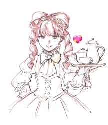 Rule 34 | 1girl, ace attorney, bow, bow-shaped hair, collar, cup, drill hair, frilled collar, frills, goggles, goggles on head, green eyes, hair rings, heart, holding, holding tray, iris wilson, long hair, long sleeves, looking at viewer, machihazure, open mouth, partially colored, pink hair, saucer, shirt, simple background, smile, solo, teacup, teapot, the great ace attorney, tray, twin drills, twintails, white background, yellow bow