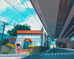 Rule 34 | blue sky, building, cloud, cloudy sky, commentary, creatures (company), english commentary, game freak, gen 1 pokemon, grass, highres, motor vehicle, nintendo, outdoors, overpass, pikachu, pokemon, pokemon (creature), power lines, road, sign, simone mandl, sitting, sky, squirtle, standing, traffic cone, tree, truck, utility pole, vermilion city, walking
