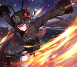 Rule 34 | 1girl, black hat, black shorts, brown hair, chinese clothes, fire, flower, gao kawa, genshin impact, hat, hat flower, holding, holding weapon, hu tao (genshin impact), long sleeves, looking at viewer, night, night sky, outstretched arms, porkpie hat, red eyes, short shorts, shorts, sky, smile, solo, spread arms, symbol-shaped pupils, tailcoat, twintails, weapon, wide sleeves