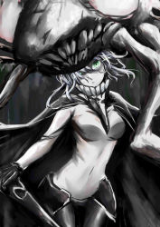 Rule 34 | 10s, 1girl, absurdres, abyssal ship, black gloves, bodysuit, cane, cape, covered navel, gloves, green eyes, hair over one eye, headgear, highres, jeffrey10, kantai collection, looking at viewer, pale skin, short hair, silver hair, tentacles, wo-class aircraft carrier