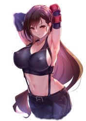 Rule 34 | 1girl, armpits, arms behind head, arms up, backlighting, bare shoulders, black bra, black gloves, black skirt, blush, bra, breasts, brown hair, cleavage, closed mouth, collarbone, covered erect nipples, elbow gloves, elbow pads, final fantasy, final fantasy vii, final fantasy vii remake, gloves, highres, large breasts, long hair, looking at viewer, low-tied long hair, navel, red eyes, shirt, sideboob, simple background, skirt, solo, sports bra, sunday se7en, suspender skirt, suspenders, tank top, taut clothes, taut shirt, tifa lockhart, underwear, white background