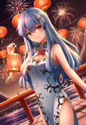 Rule 34 | 1girl, absurdres, architecture, bare shoulders, blue hair, bow, breasts, china dress, chinese clothes, chinese new year, cleavage, cleavage cutout, clothing cutout, dress, dusk, east asian architecture, fireworks, food, fruit, hair ornament, highres, hinanawi tenshi, holding, holding lantern, kuneamorai, lake, lantern, long hair, looking at viewer, medium breasts, mountain, outdoors, paper lantern, peach, rainbow order, red bow, red eyes, scenery, side slit, sky, sleeveless, smile, solo, touhou, white dress