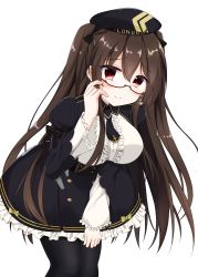 Rule 34 | 1girl, absurdres, azur lane, beret, black pantyhose, breasts, brown hair, commentary request, earrings, glasses, hat, highres, jewelry, large breasts, london (azur lane), london (retrofit) (azur lane), looking at viewer, pantyhose, red eyes, ribbon, simple background, smile, solo, umineko illust, white background