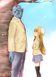 Rule 34 | 1boy, 1girl, against tree, black thighhighs, blonde hair, blue eyes, blue nails, blue skin, blue sky, blush, buttons, colored skin, commentary, crying, crying with eyes open, day, elf, fangs, flower, hair flower, hair ornament, height difference, long hair, long sleeves, looking away, looking up, mohawk, mushi gyouza, nail polish, necktie, orc, original, pants, petals, pointy ears, red eyes, red hair, revision, school uniform, sky, striped necktie, striped neckwear, sweat, tears, thighhighs, tree, trembling, zettai ryouiki