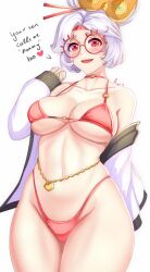 Rule 34 | 1girl, anisdrawn, bare shoulders, bikini, blush, breasts, choker, curvy, english text, hair ornament, highres, jacket, large breasts, navel, nintendo, o-ring, o-ring choker, off shoulder, open clothes, open mouth, purah, red bikini, red eyes, round eyewear, solo, strap gap, swimsuit, the legend of zelda, the legend of zelda: tears of the kingdom, underboob, white hair, white jacket, wide hips