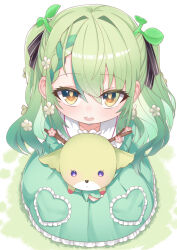 Rule 34 | 1girl, absurdres, aged down, blush, braid, braided bangs, branch, ceres fauna, dress, flower, frilled dress, frills, green hair, hair flower, hair ornament, highres, holding, hololive, hololive english, long hair, looking at viewer, mole, mole under eye, multicolored hair, nemu (ceres fauna), senbon tsuki, smile, solo, teeth, upper teeth only, virtual youtuber, white background, yellow eyes