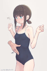 Rule 34 | 1girl, bare arms, bare legs, bare shoulders, black hair, black one-piece swimsuit, collarbone, cowboy shot, dated, fubuki (kancolle), green eyes, grey background, highres, kantai collection, nakaaki masashi, one-piece swimsuit, school swimsuit, short hair, short ponytail, simple background, solo, swimsuit, twitter username