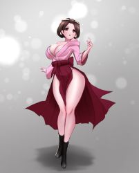 Rule 34 | 1girl, ace attorney, bare shoulders, black eyes, black hair, blush, boots, breasts, capcom, cleavage, curvy, hair ornament, hair rings, hakama, highres, japanese clothes, jaxdraws, kimono, large breasts, shiny skin, susato mikotoba, the great ace attorney, thick thighs, thighs, thong, wide hips