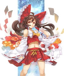 Rule 34 | &gt;:(, 1girl, ascot, bare shoulders, bow, brown hair, detached sleeves, female focus, flower, frown, gohei, hair bow, hair tubes, hakurei reimu, himuro shunsuke, holding, holding hands, japanese clothes, long hair, midriff, midriff peek, navel, ofuda, red eyes, serious, skirt, solo, touhou, v-shaped eyebrows, wide sleeves, wind