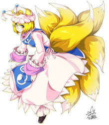 Rule 34 | 1girl, animal ears, animal hat, black footwear, blonde hair, closed mouth, commentary request, dress, fox ears, fox tail, frilled sleeves, frills, from side, full body, hat, highres, leaning forward, long sleeves, looking at viewer, mob cap, multiple tails, partial commentary, short hair, signature, simple background, smile, solo, standing, tabard, tail, touhou, umigarasu (kitsune1963), white background, white dress, white hat, yakumo ran, yellow eyes