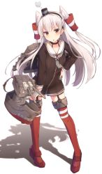 Rule 34 | &gt;:o, 10s, 1girl, :o, amatsukaze (kancolle), blush, brown eyes, character name, choker, collarbone, cuon (kuon), dress, full body, garter straps, gloves, grey hair, hair tubes, hand on own hip, hand on own thigh, hand on thigh, hat, kantai collection, leaning forward, lifebuoy, long hair, looking at viewer, machinery, mini hat, open mouth, panties, red thighhighs, rensouhou-kun, sailor collar, sailor dress, see-through, shadow, short dress, single glove, smoke, solo, striped clothes, striped thighhighs, swim ring, thighhighs, torpedo, two side up, underwear, v-shaped eyebrows, very long hair, white background, white gloves