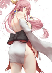 Rule 34 | 1girl, absurdres, arturaxia, ass, back, bare shoulders, black bow, bow, breasts, from behind, genshin impact, hair ornament, highres, japanese clothes, large breasts, long hair, long sleeves, looking at viewer, looking back, one eye closed, petals, pink hair, purple eyes, sideboob, simple background, smile, solo, standing, white background, wide sleeves, yae miko