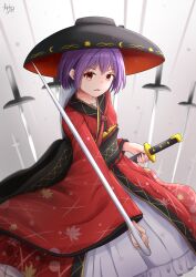 Rule 34 | 1girl, black hat, bowl, bowl hat, grey background, hat, hatoman (ytef4434), highres, holding, holding sword, holding weapon, japanese clothes, kimono, long sleeves, looking at viewer, multiple swords, open mouth, purple hair, red eyes, red kimono, sash, short hair, signature, solo, sukuna shinmyoumaru, sword, touhou, weapon, wide sleeves