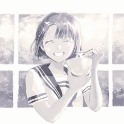Rule 34 | 18, 1girl, ^ ^, bob cut, bowl, closed eyes, food, greyscale, grin, hand up, highres, holding, holding bowl, holding utensil, looking at viewer, monochrome, original, school uniform, serafuku, short hair, smile, solo, spoon, upper body