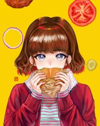 Rule 34 | 1girl, blue eyes, brown hair, burger, eating, food, highres, jacket, looking at viewer, multicolored shirt, original, pagaraga, red jacket, shirt, short hair, signature, solo, striped clothes, striped shirt, tomato, upper body, yellow background
