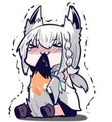 Rule 34 | &gt; &lt;, 1girl, :3, animal ears, between legs, biting own tail, braid, chibi, detached sleeves, fox ears, fox girl, fox tail, hololive, long hair, lowres, shirakami fubuki, shirakami fubuki (1st costume), shirakami fubuki (artist), shirt, short shorts, shorts, simple background, single braid, sitting, solo, tail, tail between legs, tail in mouth, tearing up, trembling, virtual youtuber, white background, white hair, white shirt