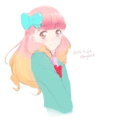 Rule 34 | 1girl, aikatsu! (series), aikatsu friends!, blue bow, blunt bangs, blush, bow, brown eyes, brown hair, closed mouth, commentary request, cropped torso, dated, gradient hair, green shirt, gurifu, hair bow, long hair, long sleeves, multicolored hair, pink hair, red bow, school uniform, shirt, simple background, sketch, smile, solo, star harmony academy school uniform, twitter username, upper body, white background, yuki aine
