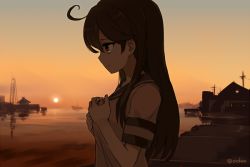 Rule 34 | 10s, 1girl, ahoge, amagai tarou, bell, brown eyes, brown hair, building, dark, from side, hand on own chest, harbor, house, jingle bell, kantai collection, long hair, ocean, personification, profile, school uniform, serafuku, ship, silhouette, solo, sunset, upper body, ushio (kancolle), water, watercraft