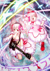 Rule 34 | 2girls, aged up, back-to-back, bow, bow (weapon), breasts, bubble skirt, cleavage, company connection, cosplay, crossover, dress, female focus, guitar, hair bow, headphones, highres, hirohito, instrument, kaname madoka, kaname madoka (cosplay), kizawa hiroto, look-alike, magical girl, mahou shoujo madoka magica, mahou shoujo madoka magica (anime), multiple girls, multiple persona, nitroplus, open mouth, pink dress, pink hair, pink skirt, red eyes, shoes, skirt, super sonico, twintails, weapon