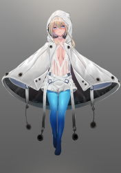 Rule 34 | 1girl, absurdres, belt, belt buckle, blonde hair, blue eyes, blue pantyhose, blush, breasts, buckle, choker, cleavage, closed mouth, coat, collarbone, criss-cross halter, full body, grey background, halterneck, highres, hood, hood up, hooded coat, pantyhose under shorts, looking at viewer, medium breasts, no shoes, open clothes, open coat, original, osisio, pantyhose, see-through, short hair with long locks, short shorts, shorts, sidelocks, simple background, smile, solo, white choker, white coat, white shorts