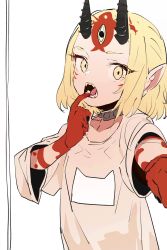 1girl, alternate hair length, alternate hairstyle, black nails, bob cut, collar, colored skin, ddari, facial mark, fangs, fate/grand order, fate (series), finger in mouth, fingernails, forehead mark, grey shirt, hand up, highres, horns, ibaraki douji (fate), looking at viewer, medium hair, nail polish, open mouth, pointy ears, red skin, shirt, simple background, solo, spiked collar, spikes, upper body, white background, yellow eyes