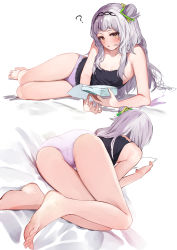 Rule 34 | 1girl, ?, absurdres, arm support, ass, bare arms, bare legs, barefoot, black camisole, blush, camisole, collarbone, feet, female focus, fingernails, foreshortening, full body, grey hair, hair bun, highres, hololive, long hair, looking at viewer, lying, multiple views, murasaki shion, namama (namama82), on side, panties, pink panties, simple background, single side bun, underwear, underwear only, virtual youtuber, yellow eyes