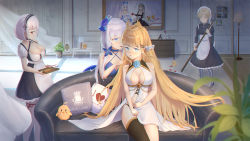 Rule 34 | 4girls, apron, arm under breasts, azur lane, between breasts, black dress, black legwear, blonde hair, blue eyes, blue gemstone, boots, breasts, center opening, cleavage, cocktail dress, couch, cross-laced footwear, dress, elbow gloves, evening gown, feather dress, feather hair ornament, feathers, flower, formidable (azur lane), full body, gascogne (azur lane), gem, gloves, grey footwear, grey hair, hair flower, hair ornament, hair wings, heart, highres, holding, holding heart, holding tray, illustrious (azur lane), illustrious (illustrious ball) (azur lane), illustrious (never-ending tea party) (azur lane), indoors, knee boots, large breasts, laurel crown, long hair, looking at viewer, manjuu (azur lane), medium breasts, medium dress, multiple girls, necktie, necktie between breasts, official alternate costume, on couch, pantyhose, perseus (azur lane), plant, potted plant, puffy short sleeves, puffy sleeves, purple flower, red eyes, red ribbon, ribbon, royal navy emblem (azur lane), sheffield (azur lane), short sleeves, single thighhigh, sirius (azur lane), sitting, strapless, strapless dress, thighhighs, tray, twintails, tying hair, very long hair, victorious (azur lane), waist apron, walking, white apron, white dress, white gloves, white hair, white pantyhose, yiyuanshierhui