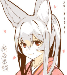 Rule 34 | 1girl, animal ear fluff, animal ears, closed mouth, dated, fox ears, fox girl, hair between eyes, heart, japanese clothes, kimono, long hair, looking at viewer, original, pink kimono, red eyes, silver hair, smile, solo, translation request, yuuji (yukimimi)